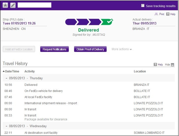 Kết quả tra cứu về đơn hàng FedEx được hiển thị